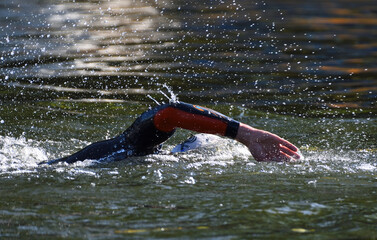 Triathlon Swimmer Swimming in river.