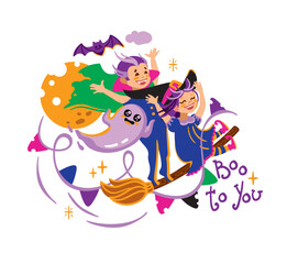 Obraz na płótnie Canvas Cute vampire and witch are flying on a broom. Kids halloween party. Vector illustration. 
