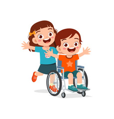 little kid sit on wheelchair with friend and feel happy