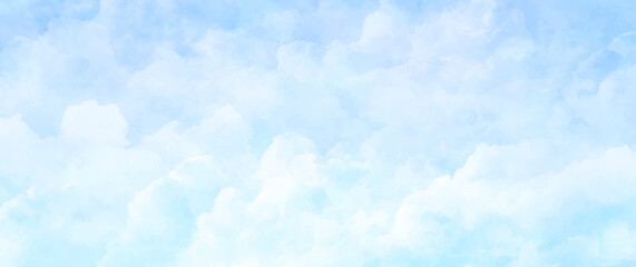 Blue vector watercolor art background with white clouds and blue sky. Hand drawn vector texture. Heaven. Watercolour banner. Abstract template for flyers, cards, poster, cover or design interior.	