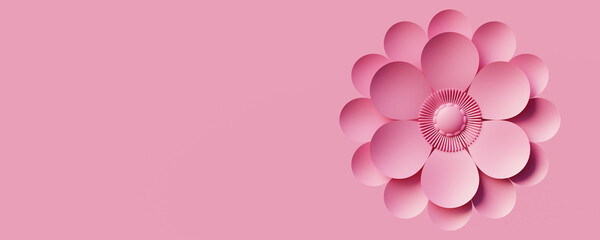 3d monochrome pink flower on same color background and copy space for web header or banner