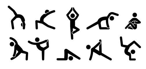 Yoga pictogram icon people. Yoga pose, meditate practice, sport exercise pictogram man set. Health, meditate symbol. Vector illustration.