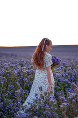 Fototapeta na wymiar A girl in a long dress stands with her back in a field with purple flowers and holds a bouquet