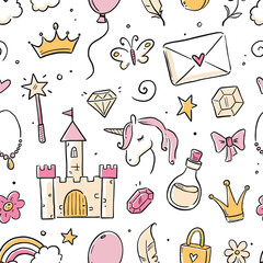 Hand drawn princess doodle seamless pattern. Beauty pattern with cute girl princess accessories, fairy unicorn, castle. Doodle background, wallpaper. Vector illustration. © Polina Tomtosova