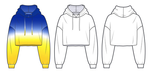Girl's cropped Sweatshirt fashion design, yellow and blue. Oversize crop Hoodie sweat with long sleeves techical drawing template. Hoodie fashion CAD mockup.