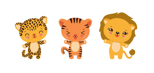 Cute kawaii animals feline big cats tiger, lion, leopard, cheetah, jaguar. Cartoon doodle safari animals adorable baby style. © Cute Design
