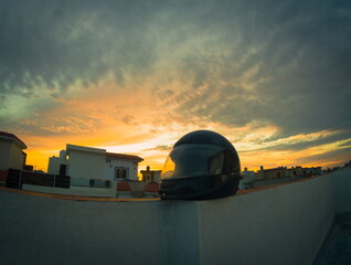 A Biker's Helmet and beautiful Evening; Ready to leave for a glorious journey.