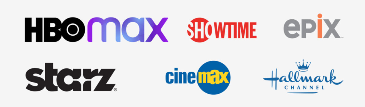 Top Movie Channel Logo Collection: Epix, Showtime, Cinemax, Starz, HBO Max, Hallmark Channel. Editorial Vector Logo Collection.
