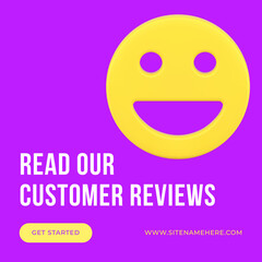 Read our customers reviews promo social media post e commerce advertising smiley 3d icon vector