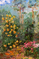 blooming summer garden and pine trees, oil painting