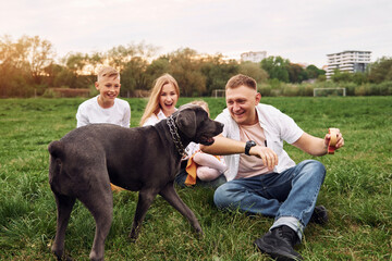 Man is playing with dog. Family have weekend outdoors at summertime together