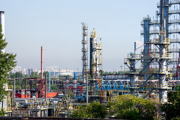 Fototapeta na wymiar Refinery oil and gas pipelines constructions. Industrial background