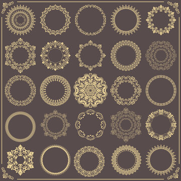 Vintage set of vector round elements. Different golden elements for design frames, cards, menus, backgrounds and monograms. Classic golden patterns. Set of vintage patterns