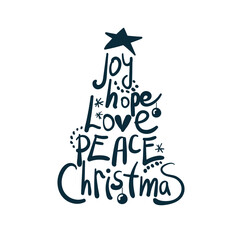 Christmas tree design joe love piece hope vector concept saying lettering hand drawn shirt quote line art simple monochrome