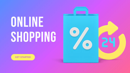 Online shopping web page digital store sale discount 24 hours banner realistic 3d icon vector