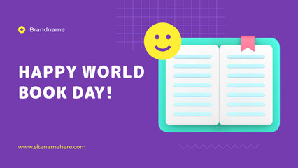 Book day literature educational hobby open textbook with smiley internet web banner 3d icon vector