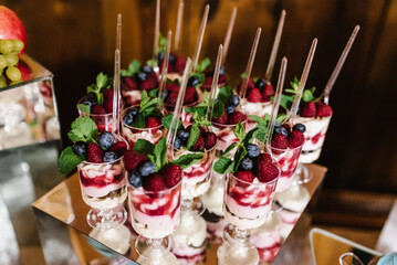 Delicious italian dessert panna cotta with berry sauce, fresh berries raspberry, blueberry and mint...