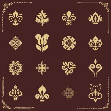 Vintage set of vector brown and golden elements. Elements for backgrounds, frames and monograms. Classic patterns. Set of vintage patterns
