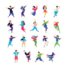 Fototapeta na wymiar A group of dancing people in different poses and emotions. Vector. Illustrations of men and women. Flat style. A group of happy teenagers are dancing and having fun. Figure for packaging. Dance studio