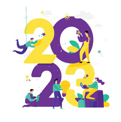 Illustration for the New Year 2023. Vector. People work around numbers. Businessmen celebrate Christmas. Employees in the office are going to celebrate. Flat style. Illustration for the calendar and s