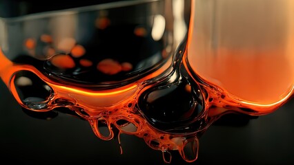 Melted glass, 4k close up illustration. Orange glow, hot molten liquid being poured. Lava, liquid glass texture. Abstract shape with black and grey colors. Macro photo, 3D illustration.