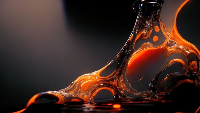 Melted glass, 4k close up illustration. Orange glow, hot molten liquid being poured. Lava, liquid glass texture. Abstract shape with black and grey colors. Macro photo, 3D illustration.