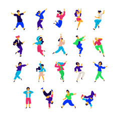 Fototapeta na wymiar A group of dancing people in different poses and emotions. Illustrations of men and women. Flat style. A group of happy teenagers are dancing and having fun. Figure for packaging. Dance studio.
