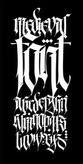 Gothic. Uppercase and lowercase letters on a black background. Beautiful and stylish calligraphy. Beautiful European font for tattoo. Medieval modern style.