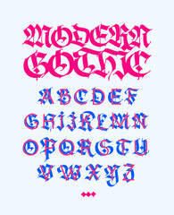 Gothic, display English alphabet. Medieval Latin letters. Mixing with subtle grotesque. Old European style. Calligraphy and lettering. Uppercase letters.