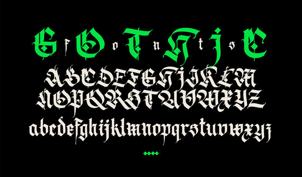 Gothic. Uppercase and lowercase white letters on a black background. Beautiful and stylish calligraphy. Elegant European typeface for tattoo and design. Medieval Germanic modern style.