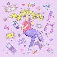 Kawaii elements set with Gamer Girl. 90 s Game cute vector illustration
