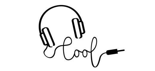 headphones withe plug ans slogan cool, headsets line pattern sign. For music or for call center. Vector headset icon. Listen to music  Line pattern.