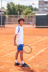 Obraz premium Young boy with racket on tennis court smiling