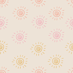 Hand drawn sun modern doodle seamless pattern. Pastel grunge background. Vector illustration