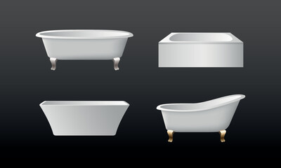 Set of realistic white bathtubs elements for bathroom interior on black background. Modern ceramic tub for washroom. Vintage tubs with retro golden and silver clawfoot. 3d vector illustration