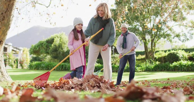 Video of happy caucasian grandparents and granddaughter raking up autumn leaves in sunny garden