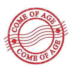 COME OF AGE, text written on red postal stamp.