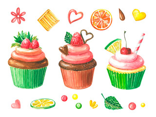 Watercolor illustration of sweet cupcakes with berry cream, cherry, raspbery and lime. Desserts for celebration. Set of tasty muffins.