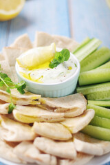 Tzatziki, Greek dip sauce with pita and cucumbers