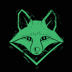 linocut fox portrait in acid green color