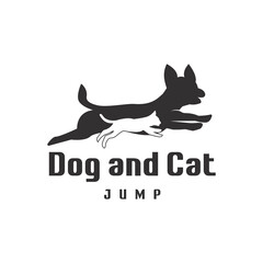 Silhouette Illustration Vector Template Jumping together Dog and Cat, pet lover logo, Suitable for Creative Industries, Multimedia, medical, entertainment, Education, Shop and business