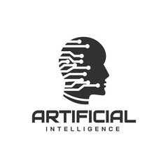 Artificial intelligence and human face logo template. Grid electronic circuit and communication vector design. Technology Illustration vector illustration