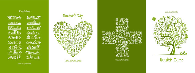 Medicine concept arts made from medical icons - Heart shape, cross, tree. Design for cards, banners, poster, web, print, social media, promotional materials. Vector illustration