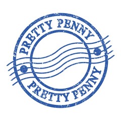 PRETTY PENNY, text written on blue postal stamp.