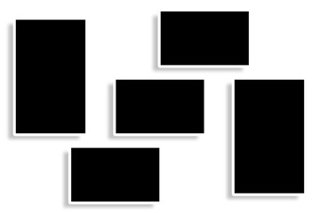 5 Rectangle photo frames in black & white color & a creative layout. Used as a printable photo collage template or a mock up to place album pictures or photographs collection in a classic old style.