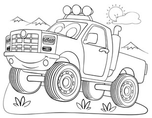 Cartoon pickup truck for coloring page. - obrazy, fototapety, plakaty