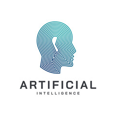 Artificial intelligence and human face logo template. Grid electronic circuit,Dynamic lines and dots symbol with human head and communication vector design.