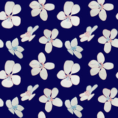 Obraz na płótnie Canvas Seamless pattern white flower drawn with wax crayons on a dark blue background. For fabric, sketchbook, wallpaper, wrapping paper.