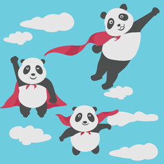 Seamless pattern superhero panda fly above the clouds
