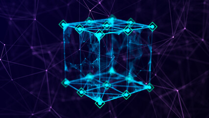 Technology block chain network connection. Big data visualization. Cyber security background. Cube, consisting of block. 3D rendering.